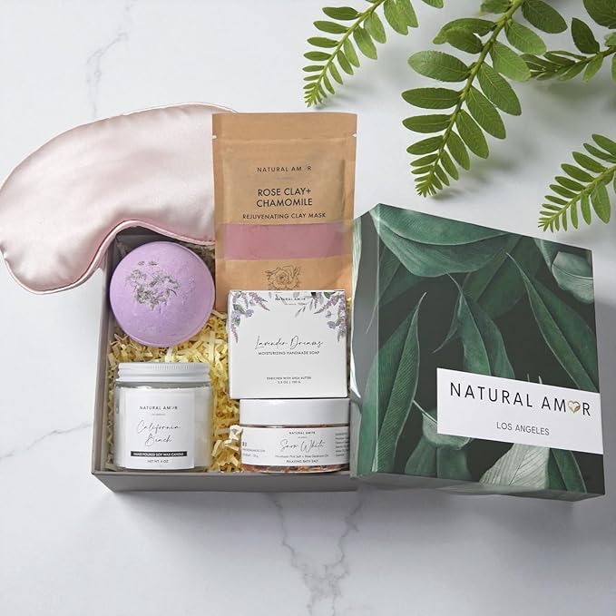 Natural Amor Spa Gift Set for Women – 6-Piece Self Care Gift Box with Handmade Soap, Bath Bomb, Candle & Skincare, Ready-to-Gift Relaxation Set