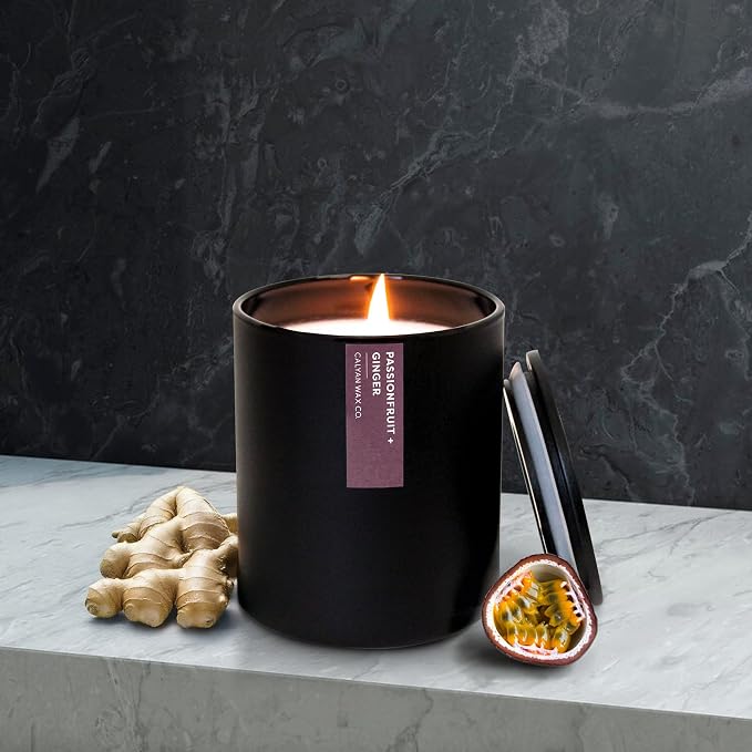 Calyan Wax Co. Passionfruit & Ginger Scented Candle - 75 Hour Burn - Luxury Clean Soy Wax Candles - Long Lasting Black Tumbler Jar Candle for Home - 10.2oz