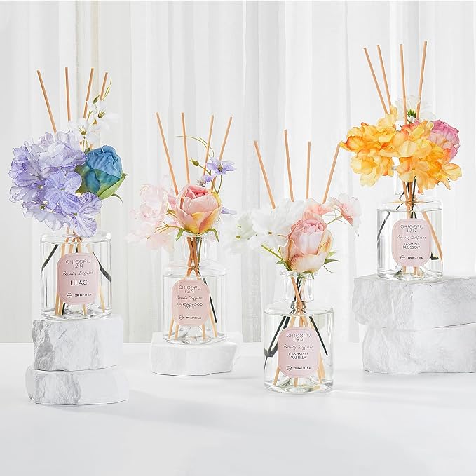 Premium Reéd Diffuser Set with Pink & Purple Flowers Reéd Diffuser Sticks Sandalwood Rose | 6.7oz Scent Fragrance Oil Diffuser for Bedroom Bathroom Home Shelf Décor