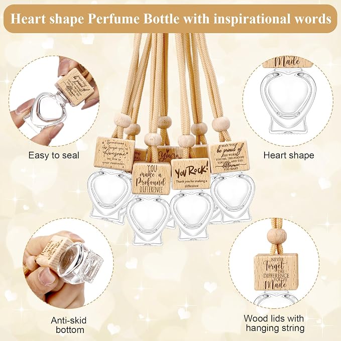 Funnymoom 30 Pcs Car Diffuser Air Freshener Gift Bulk Ornament Hanging Empty Glass Essential Oil Bottle Employee Appreciation Coworkers Volunteer Staff Thank You Gifts (Heart)