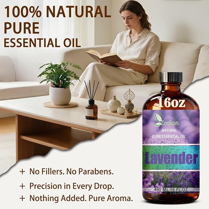 Lavender Essential Oil - Lavender Fragrance Oil for Diffuser, Massage, Humidifier, DIY Candle, Soap Making, Home, Bath, Yoga - 16 fl oz (480ml) - ZODION Essential Oils