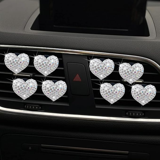 8 Pcs Bling Heart Air Vent Clips, Crystal Car Fresheners, Diffuser With Rhinestone Decoration, Cute Interior Accessories for Women Girls (Silver)
