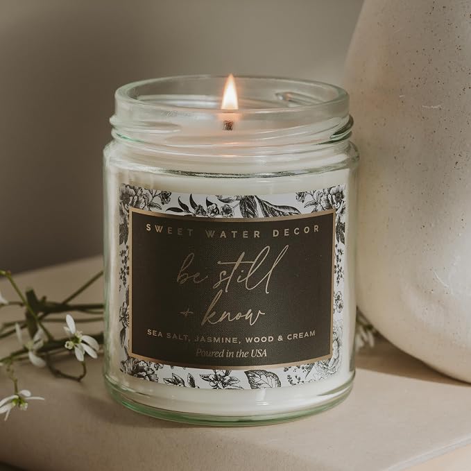 Sweet Water Decor Be Still and Know Candle, Sea Salt, Jasmine Cream, and Wood Scented Soy Wax Candle for Home, Christian Gift for Women, 9oz Clear Jar, 40 Hour Burn Time, Made in the USA