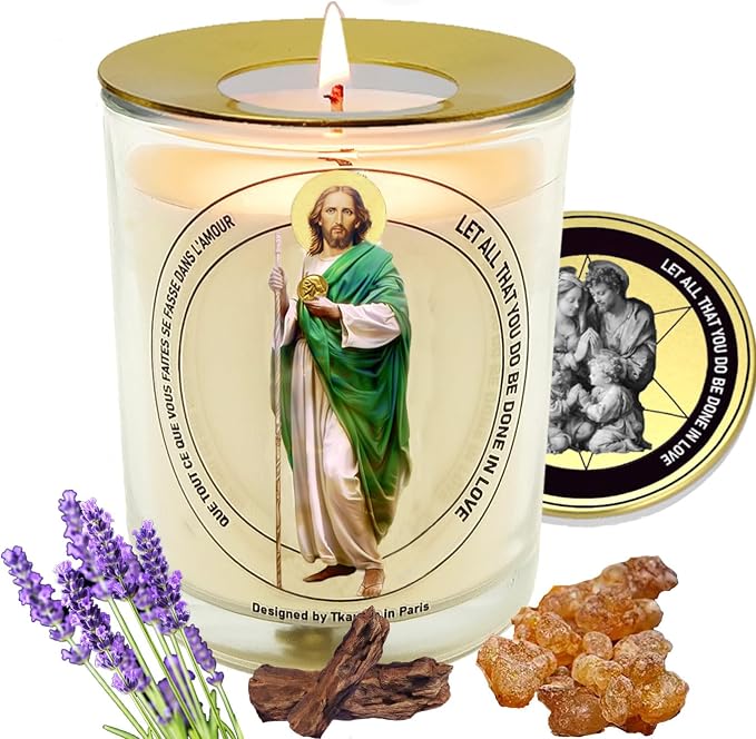 St. Judas Frankincense Lavender Scented Candle 50 Hours with Warmer Ring│Hand-Poured Soy Wax│Money Attract, Blessing, Heal Illness, Fix Grades│Design in Paris│3“×3.6”