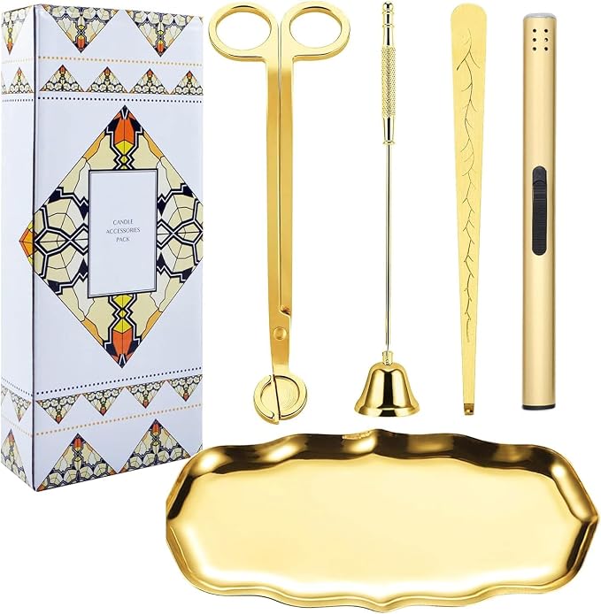 5 in 1 Candle Accessory Kit, Gold Candle Wick Trimmer Set with Rechargeable Lighter, Wick Dipper & Storage Tray, Premium Candle Lighter and Wick Trimmer Set for Scented Candle Lovers