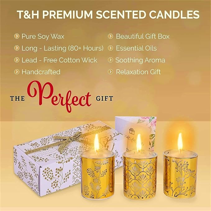 Aromatherapy Candle Gift Set of 3 Scented Candles | Strawberry Parsley, Persimmon, Eucalyptus Bergamot Soy Candles Set, Gold Candle Gifts, Relaxing Aromatherapy Candles Gift Set for Women and Men