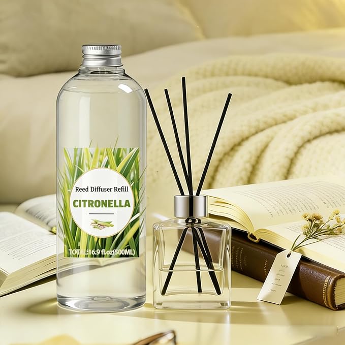 STRN Citronella Reed Diffuser Set, Lemongrass Diffuser Oil Refill, with 6 Sticks 500ML(16.9fl.oz), Room Fresheners for Home, Long-Lasting Scented Fragrance for Summer, Living Room, Bedroom, Office