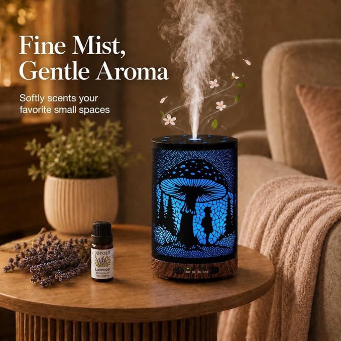 Essential Oil Diffuser 120ML Metal Aromatherapy Diffuser with Timer, Cool Mist Humidifier with Auto Shut-Off & 7 Color Lights for Home Office Spa (Mushroom Girl)