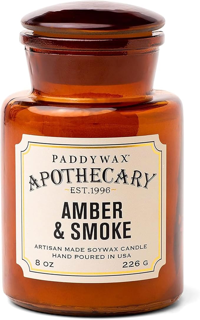 Paddywax Artisan Apothecary Scented Candle with Lid in Reusable Glass Jar, Clean-Burn Soy Candle with Approx. 54 Hour Burn Time, Amber & Smoke, 8 oz.