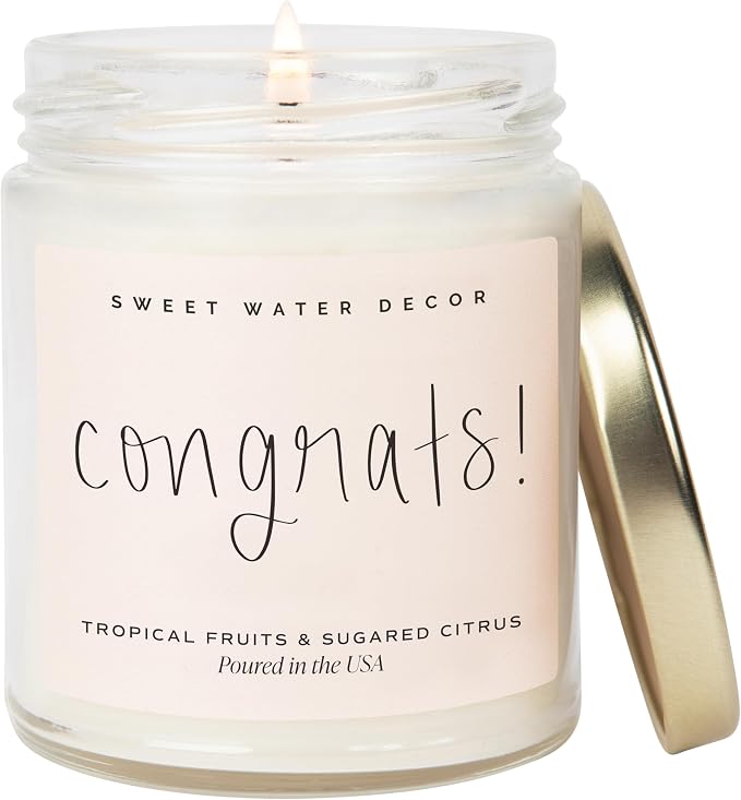 Sweet Water Decor, Congrats! Candle - New Job, Engagement, Graduation Gift - Tropical Fruits and Sugared Citrus Island Scented Soy Wax Candle - 9oz Clear Jar, 40 Hour Burn Time, Made in the USA