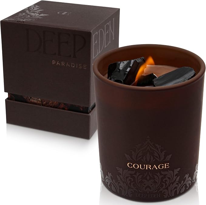 Forest Mahogany Scented Crystal Candle - Luxury Empowerment Candle with Black Tourmaline Crystals - 7.4oz Natural Soy, Coconut & Beeswax Wood Wick Candles for Men