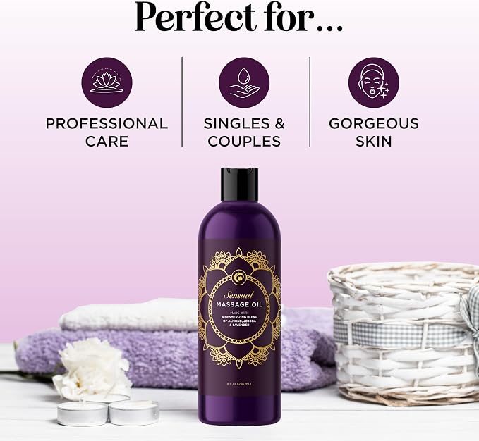 Aromatherapy Sensual Massage Oil for Couples - Relaxing Lavender Massaging Oil for Massage Therapy with Vitamin E Jojoba & Sweet Almond - Naturally Scented Vegan Non GMO & Gluten Free (8 Fl Oz)