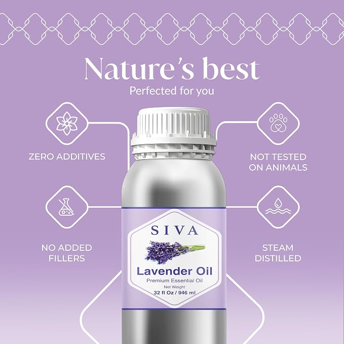 Siva Lavender Essential Oil – 32 Fl Oz – 100% Natural Lavender Oil - for Diffuser, Hair Care, Face, Skin Care, Aromatherapy, Scalp and Body Massage, Soap and Candle Making