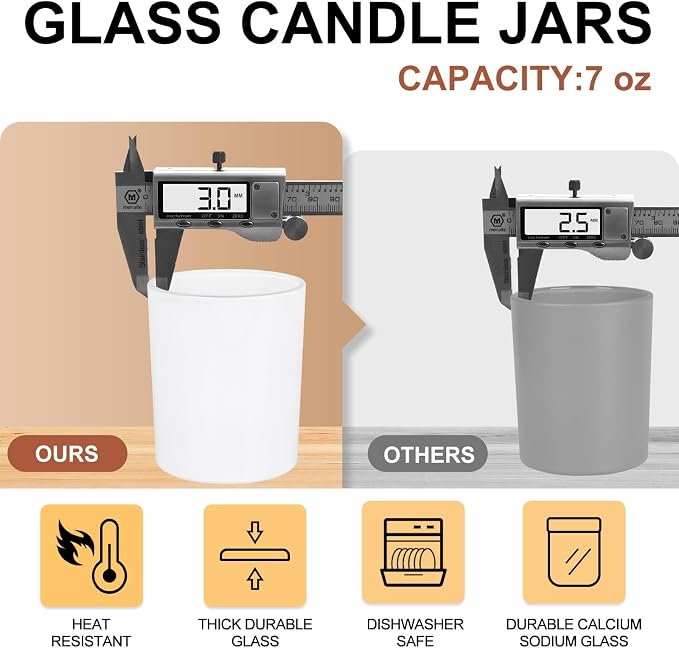 SHOWIN Thick Candle Jars for Making Candles 16 Pcs, 7 OZ Empty Jars with Wood Lids for Candle Making, Sample Container, Glossy White