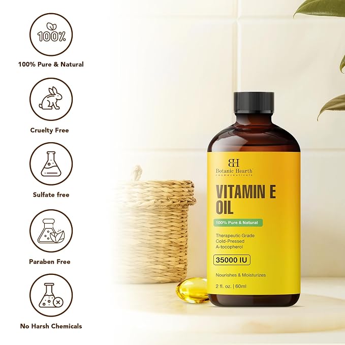 Botanic Hearth Vitamin E Oil 2 Fl Oz |100% Pure and Natural- Cold Pressed & Hexane Free Natural Hair Growth Oil for Eyelashes, Eyebrows, Skin, Body, Face, Nails & Scalp