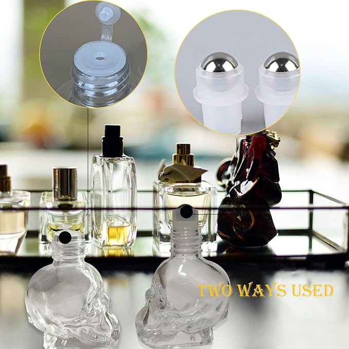 7 pcs Set 10ml Mini Skull Glass Oil Roller Bottles Leakproof Essential Oils Bottle for Storage and Travel (transparent)