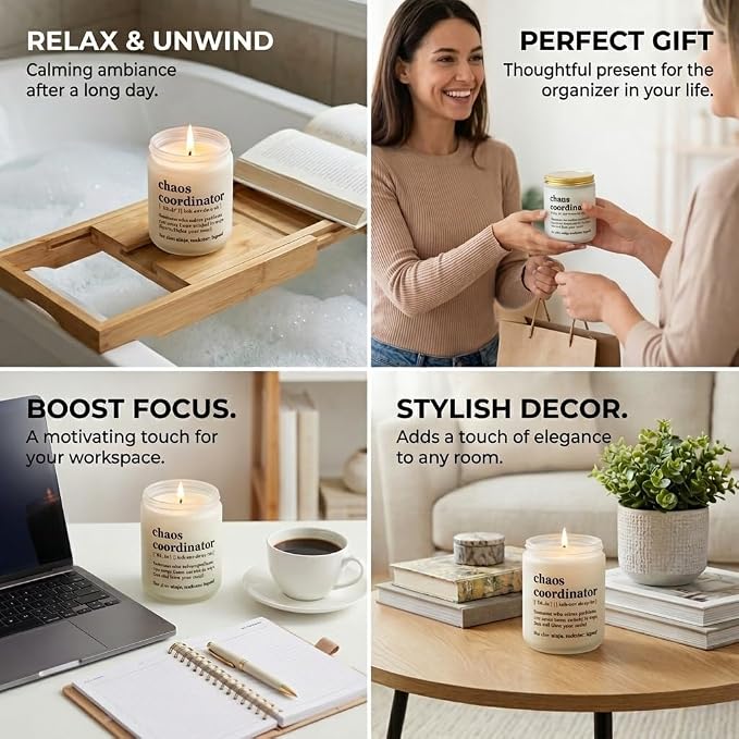 Chaos Coordinator Gifts for Women, Boss, Coworker - Funny Scented Candle Gift - Sage & Sea Salt Soy Wax Candle in Frosted Jar (8 oz) - Office Desk Decor & Appreciation Gift