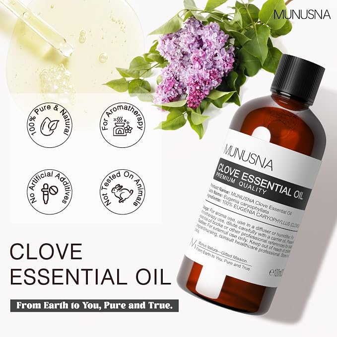 Clove Essential Oil, 100% Pure Natural Clove Oil for Oral Care, Teeth & Gums Care, Aromatherapy, Diffuser, Skin, Body, Soap and Candle Making, 100ML