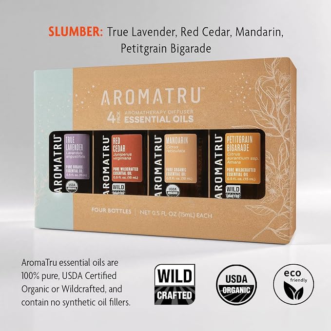 AromaTru Slumber Essential Oil Kit – True Lavender, Red Cedar, Mandarin, and Petitgrain Bigarade – Organic & Wildcrafted – ISO Certified – No Synthetic Fillers – Ethically Sourced