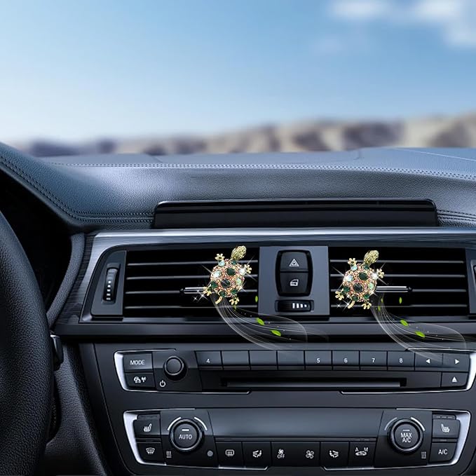ORIESSE Green Sea Turtle Coastal Car Decor, 2pcs Turtle Car Air Freshener Vent Clips,Sparkling Beach Ocean Themed Dashbaord Decorations Accessories for Women,Rhinestone Refillable Diffuser