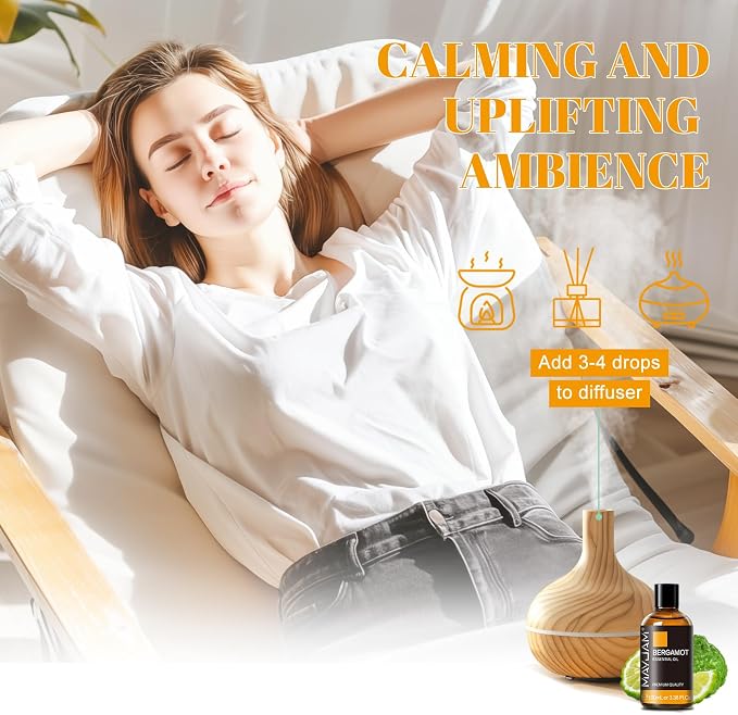 Bergamot Essential Oil, MAYJAM Premium Pure Essential Oils, 3.38FL.OZ Large Volume for Diffusers Soap Candle Making, Ideal for Home Office Car Yoga Use