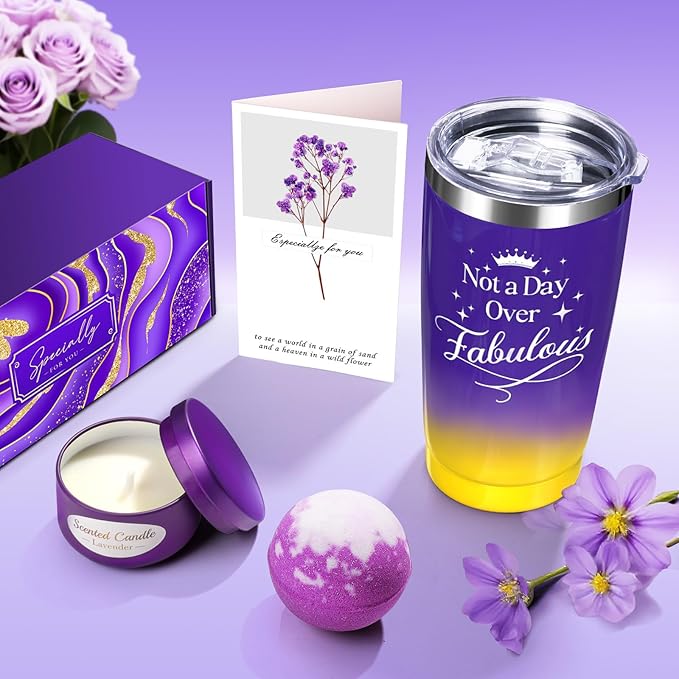 Birthday Gifts Set for Women Her Mom Wife Girlfriend Friend - Purple Self Care Spa Relaxation Gift Basket Set with Novelty Stainless Steel Coffee Tumbler, Lavender Candle, Bath Bomb