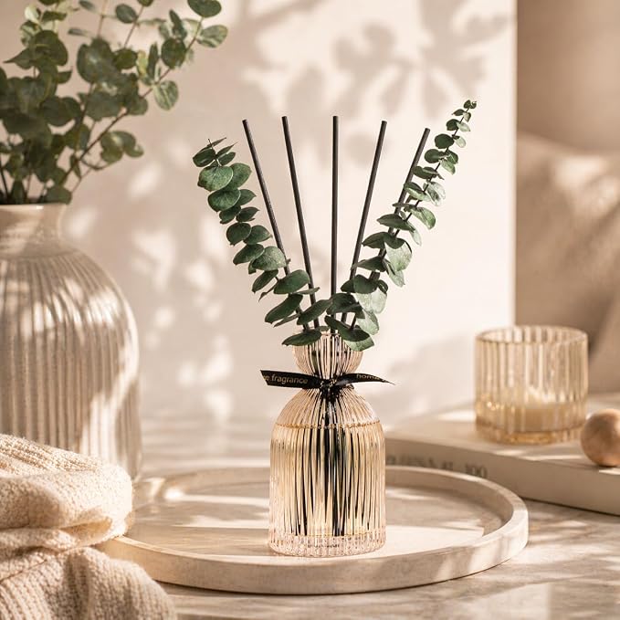 Airkeep Reed Diffuser Set 6.76 oz – Clean Linen Decorative Home Fragrance with Eucalyptus Sticks, Ribbed Glass Diffuser for Bathroom & Bedroom Décor, Gift Ready