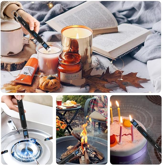 SUPRUS Candle Electric Arc Lighter Windproof Flameless USB Rechargeable Lighter with LED Light for Candle Camping BBQ Cooking (Black&Black)