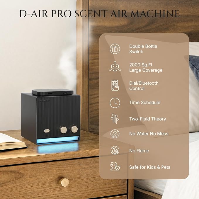 Aromadd Smart Waterless Essential Oil Diffuser with Dual Nozzle, Cold Air Tech Scent Air Machine with 8 Timer Settings, 9 Mist Levels, Hotel Collection Diffuser for Home & Office (Black Titanium)