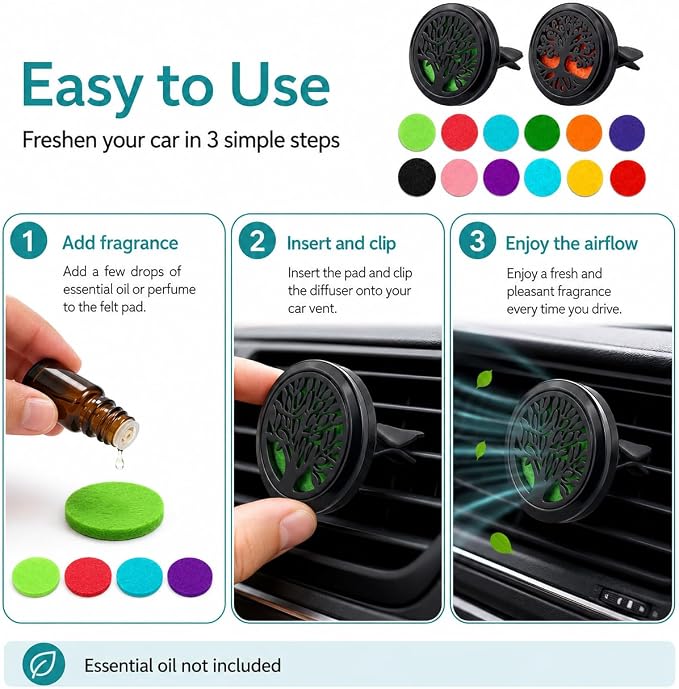 2PCS 30mm Car Aromatherapy Essential Oil Diffuser Stainless Steel Locket with Vent Clip 30 Felt Pads Tree of Life Pattern (Black)