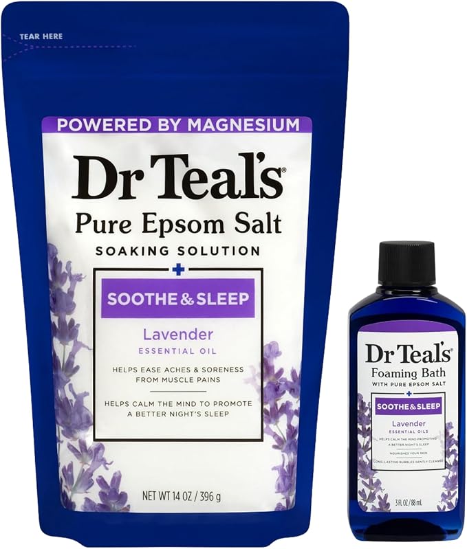 Dr Teal's Holiday Limited Edition Bath Gift Set | Epsom Salt Soak and Foaming Liquid, 14 oz Salt, 3 fl oz Bath (Lavender)