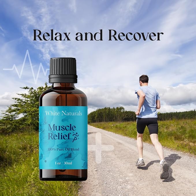 White Naturals Muscle Relief Essential Oil Blend – Natural Soothing Oil for Sore Muscles & Joint Discomfort, 100% Pure & Therapeutic Essential Oils for Relaxation, 1oz