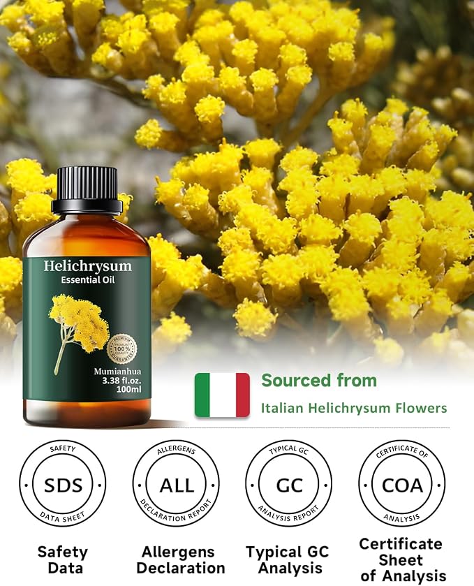 Helichrysum Essential Oil Pure – Mumianhua Natural Oil for Skin & Hair, Aromatherapy for Massage, DIY Candle & Soap Making, Diffuser & Humidifier – 3.38 Fl oz