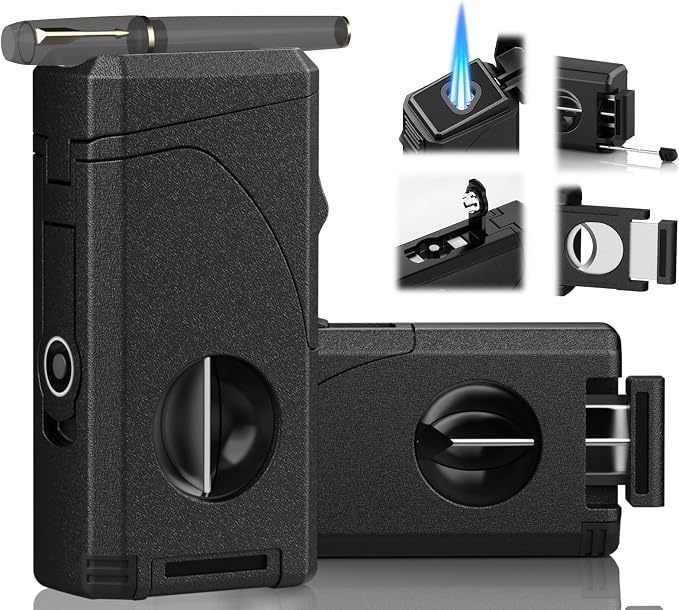 6-in-1 Windproof Triple Jet Flame Butane Torch Lighter with V-Shape Shear,Punch and Hold, Adjustable Refillable Lighter with Draw Enhancer Tool for Candle, BBQ, Camping and Outdoor, Travel Use