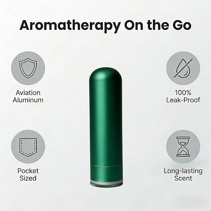 Aromatherapy Inhaler, Metal Essential Oil Diffuser with Leak-Proof Seal & Cotton Wick Holder, Refillable Nasal Stick for Anxiety, Allergies, Travel - 20 Wicks Included (Green)