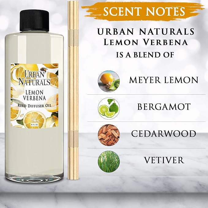 Urban Naturals Reed Diffuser Oil Refill Lemon Verbena with Lemon Zest, Bergamot, Vetiver, Cedarwood 8 oz + Free Reed Sticks, Made in the USA