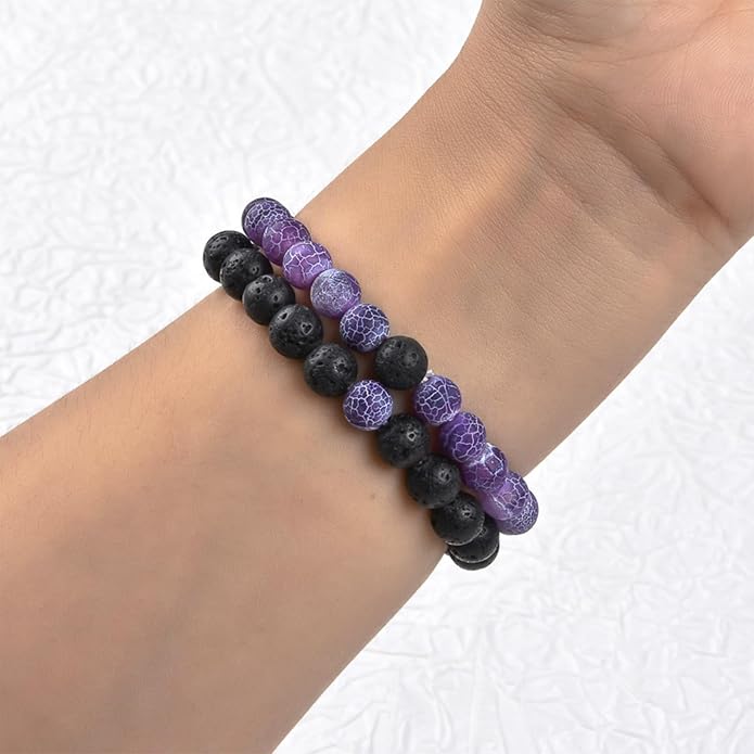 FORUBUS 2Pcs Lava Rock Beaded Bracelet Set – Essential Oil Diffuser Jewelry with Natural Stone Beads for Aromatherapy, Yoga, Meditation, and Stress Relief, Stretchy Bracelets for Women Men