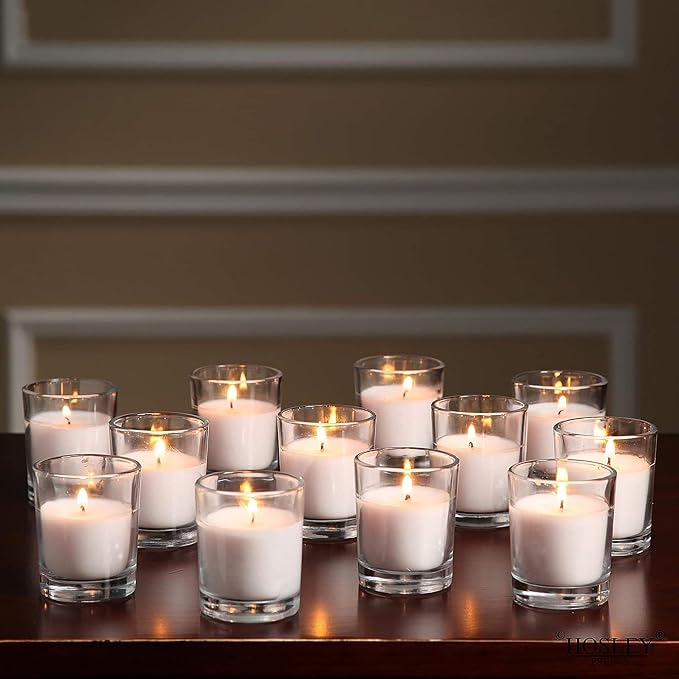 Hosley 20-Pack White Unscented Votive Candles in Clear Glass Holders Hand Poured Wax for Timeless Elegance and Versatile Décor Illuminate Every Moment