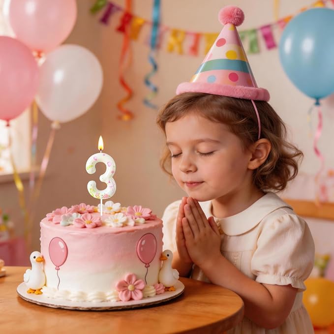 Number 3 Birthday Candle for Cake – Goose Inspired Design with Floral, Balloon & Leaf Details – Farm Theme Cake Topper for Birthday Party Decoration