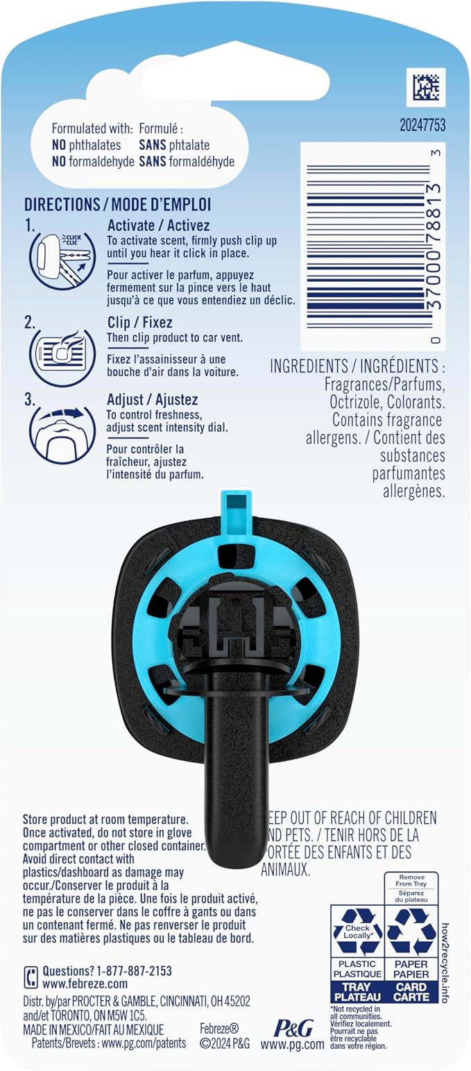 Febreze Car Air Freshener, Odor-Fighting Automotive Vent Clip, Scented Car Accessories, Long Lasting for Strong Odors, Platinum Ice Scent, 1 Count