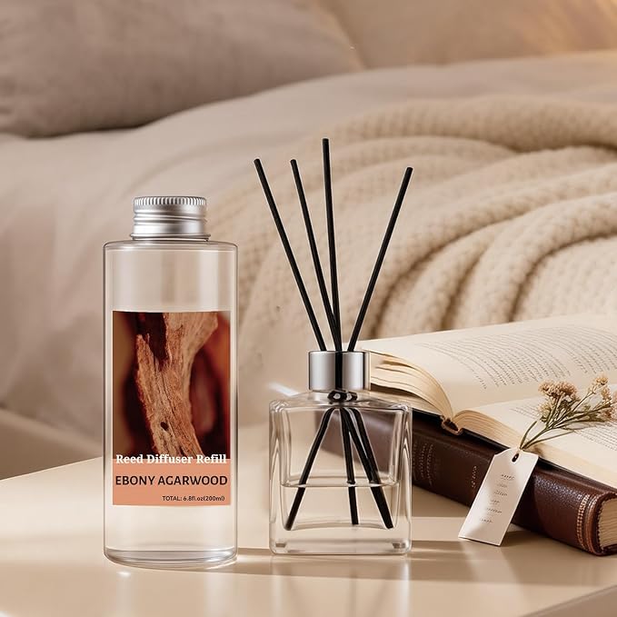 STRN Reed Diffuser Oil Refill, Ebony Agarwood Scented Diffuser Oil Refills with 6 Reed Sticks 200ML(6.8fl.oz), Room Fresheners for Home, Long-Lasting Summer Fragrance for Living Room, Bedroom, Office