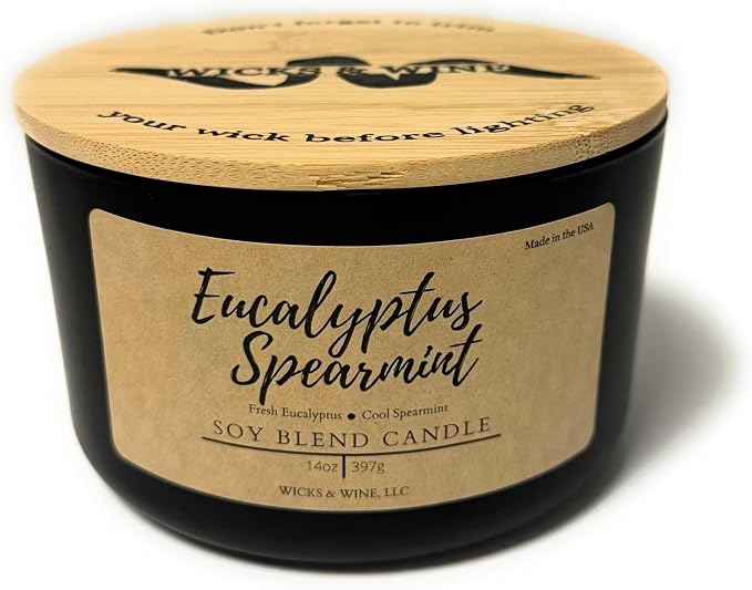 Wicks & Wine Soy Blend 3-Wick Cotton CORE Candle 14oz (Eucalyptus Spearmint)