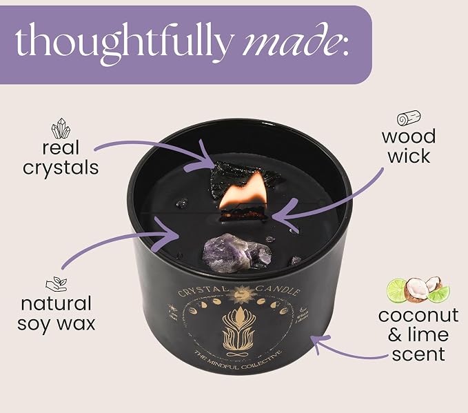 Black Crystal Candle for Women - 8oz Wood Wick Candle that Crackles with Natural Soy Wax. Luxurious Slow Burn, for Meditation. Includes Amethyst & Smokey Quartz Crystals