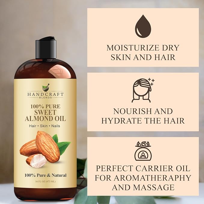 Handcraft Blends Sweet Almond Oil | 100% Pure and Natural | Bath & Body Oil | Premium Grade Carrier Oil | Skin | Hair | Body | Massage | Hexane-Free | 16 Fl Oz