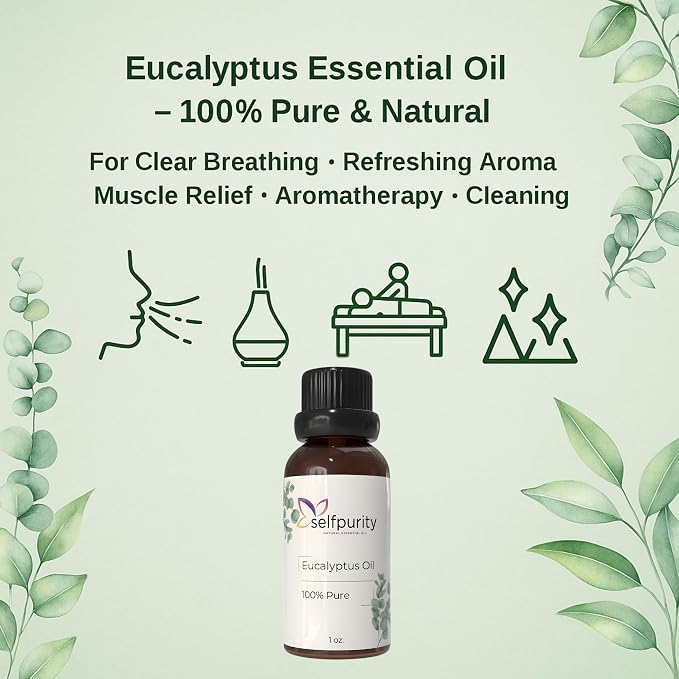 Eucalyptus Essential Oil 1 Oz (30ml) – 100% Pure Natural Eucalyptus Oil for Aromatherapy Diffuser, Skin & Hair Care, Massage, Soap & Candle Making (Pack of 3)