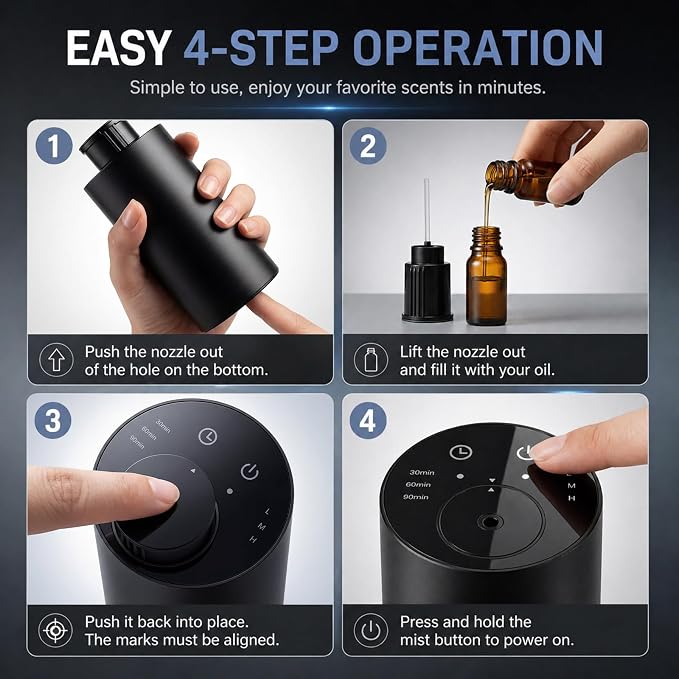 Homease Waterless Essential Oil Diffuser, Portable Cordless Aromatherapy with 3 Timers & Mist Levels, Rechargeable for Home Car Office, Premium Metal Black