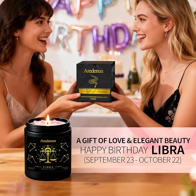 Libra Birthday Gifts Candle for Women | Zodiac Scented Candle with Rose Quartz Crystals - Warm & Cozy Scented Natural Soy Candle 7oz 50-Hour Burn, Healing Aromatherapy Candle for Relaxation Meditation
