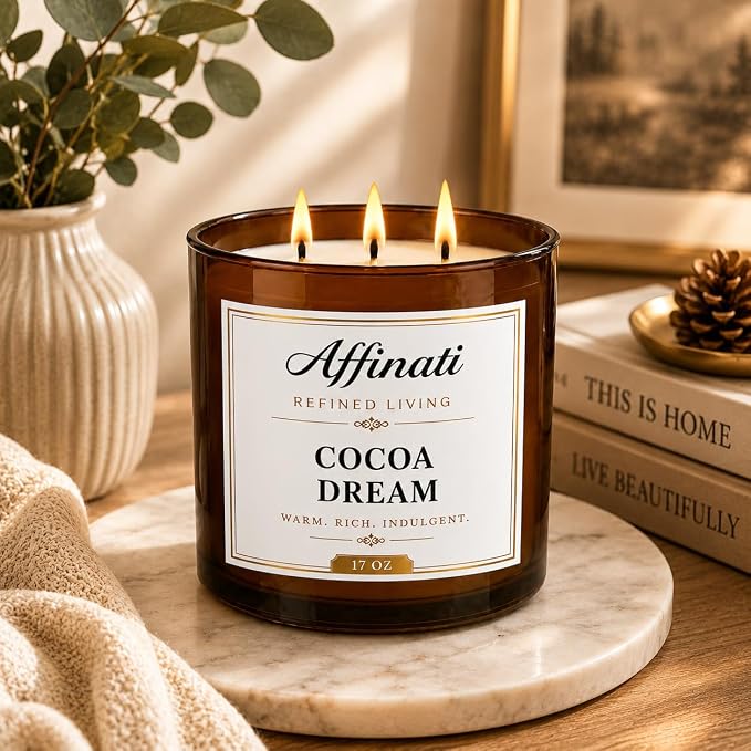 Affinati Cocoa Dream 3 Wick Scented Candle – Large Soy Blend Candle, Strong Scent Throw Rich Sweet Chocolate Paradise Tropical Vibe Candle, Premium Luxury Home Fragrance