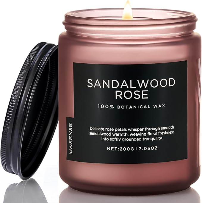 M&SENSE Sandalwood Rose Home Scented Candles, 7.05oz Natural Soy Wax, 50 Hours Slow Burning Romantic Smelling Scent for Women, Housewarming Gifts for Family Friends