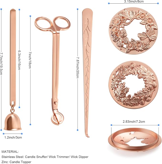 5 Pieces Candle Care Kit with Gift Box, Including Wick Trimmer、Candle Snuffer、2 Candle Toppers and Wick Dipper, Antique Brass Accessories Set for Candle Maintenance & Decoration (Rose Gold)
